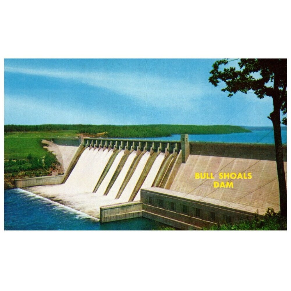 Postcard Chrome era Bull Shoals Dam Ten flood gates Bull Shoals Lake